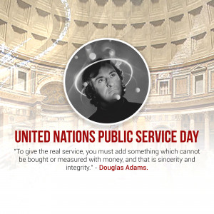 Image featuring Douglas Adams with text commemorating United Nations Public Service Day.