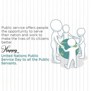 Illustration of people holding the Earth, representing public service and community.