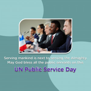 Image depicting a group of people at a United Nations meeting with flags, celebrating UN Public Service Day.
