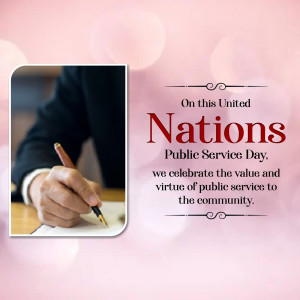 Image commemorating United Nations Public Service Day with a person signing a document.