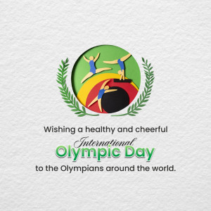Paper cut style illustration of gymnasts with Olympic rings and laurel wreath, wishing a healthy and cheerful International Olympic Day.