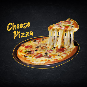 A close-up shot of a cheese pizza with melted cheese stretching from a slice.