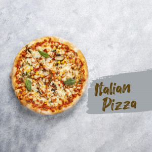 Overhead shot of a classic Italian pizza with various toppings on a marble surface.