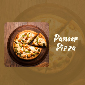 Close-up of a paneer pizza on a wooden board with text 'Paneer Pizza'