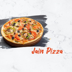 A close-up of a Jain Pizza with colorful toppings on a wooden board.