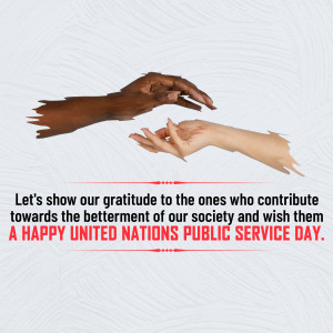 Two hands, one light-skinned and one dark-skinned, reaching towards each other with text celebrating United Nations Public Service Day.