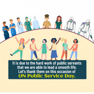 Illustration depicting public servants and children celebrating UN Public Service Day.