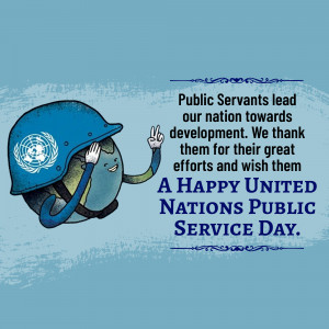 Cartoon illustration of a UN peacekeeper with a message thanking public servants.