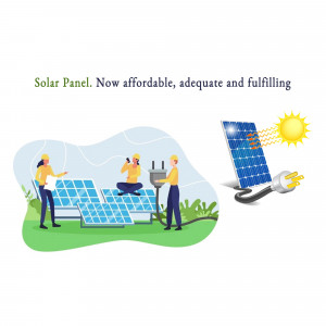 Illustration of workers installing solar panels with a plug and sun graphic.