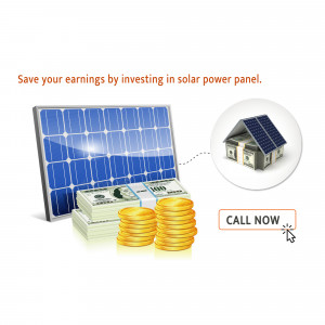 Solar panel with money and a house, promoting investment in solar energy.