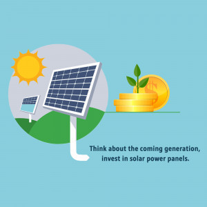 Illustration of solar panels, coins, a plant, and the sun representing investment in renewable energy.