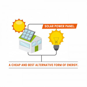 Illustration of a house powered by solar energy with sun and lightbulb