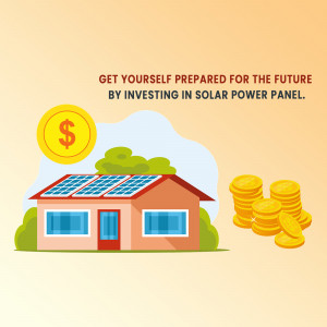 Illustration of a house with solar panels, coins, and text promoting solar power investment.