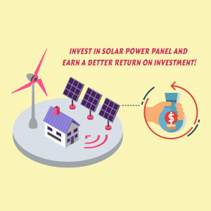 Illustration of solar panels, wind turbine, a house, and a hand holding money, representing investment in renewable energy.