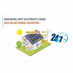 Illustration of a house powered by solar hybrid inverters providing 24/7 electricity.