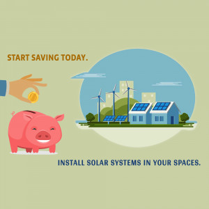 Illustration of a piggy bank, hand with coin, and solar panels with wind turbines.