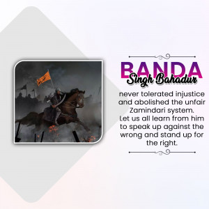 Illustration of Banda Singh Bahadur on horseback leading an army, with text about his fight against injustice.