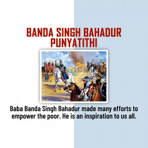 Image depicting Banda Singh Bahadur on horseback leading an army, with text commemorating his death anniversary.