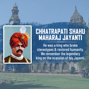 Portrait of Chhatrapati Shahu Maharaj with a historical building in the background