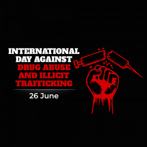 A clenched fist with a syringe breaking apart, symbolizing the fight against drug abuse and trafficking.