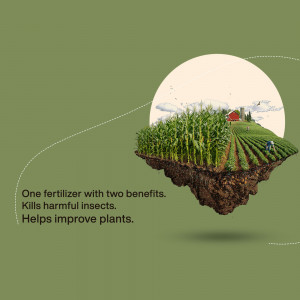 Floating island of farmland with text about fertilizer benefits