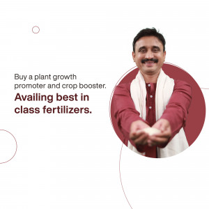 A smiling farmer presenting plant growth promoter and fertilizer.