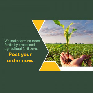 Hand holding a seedling with a field in the background and text promoting agricultural fertilizers.