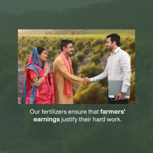 Two farmers shaking hands with a fertilizer company representative in a field.