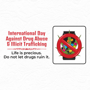 Image promoting awareness for the International Day Against Drug Abuse and Illicit Trafficking, featuring a 'no' symbol over pills and capsules.
