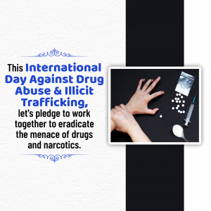 Image depicting a hand reaching for drugs with text promoting eradication of drug menace.