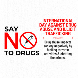 Poster promoting awareness against drug abuse and trafficking with a syringe inside a prohibition sign.
