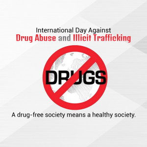 Image promoting awareness for the International Day Against Drug Abuse and Illicit Trafficking with a globe symbol and a 'No Drugs' message.