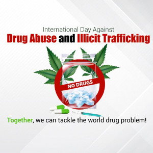Image promoting awareness for the International Day Against Drug Abuse and Illicit Trafficking, featuring a 'No Drugs' symbol with pills and a syringe.