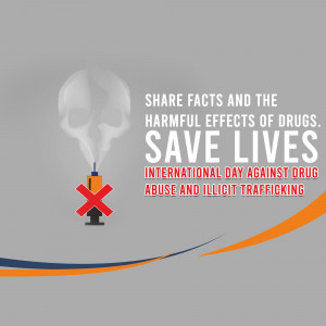 Image depicting a syringe with a skull shape emerging from the tip, with a red cross over it, promoting awareness about the harmful effects of drugs.