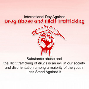 Image promoting awareness about drug abuse and illicit trafficking with a syringe being crushed by a hand.