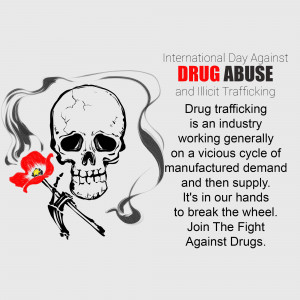 Skull with smoke and a poppy flower representing the dangers of drug abuse and trafficking.