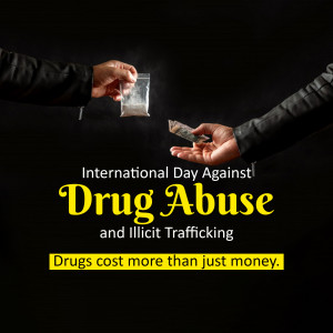 Image depicting a hand-to-hand exchange of money and a small bag, symbolizing drug trafficking, with text promoting awareness about the International Day Against Drug Abuse.