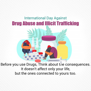 Illustration depicting the consequences of drug abuse with people surrounded by pills and syringes.