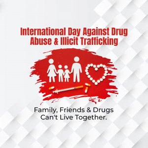 Image promoting awareness for the International Day Against Drug Abuse and Illicit Trafficking, featuring a family silhouette and pills.