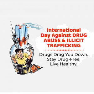 Illustration depicting the dangers of drug abuse with a person trapped inside a syringe filled with cigarettes and a needle.