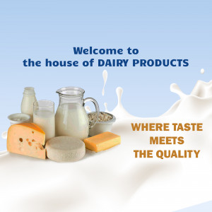 Assortment of dairy products including milk, cheese, and butter with a splash of milk and text promoting quality and taste.
