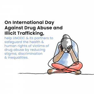 Illustration of a person with head in hands, representing struggle with drug abuse, with text promoting support for UNODC.