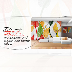 Living room with a colorful leaf painting on the wall and a white sofa.