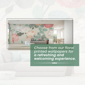 A modern living room with a large floral wallpaper mural on the wall.