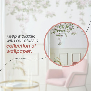 Interior design featuring floral wallpaper and a pink armchair