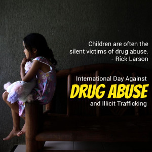 A young girl sitting on a couch with text about International Day Against Drug Abuse