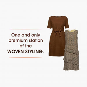 A promotional image featuring a brown tie-waist dress and a patterned sleeveless top.