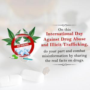 Image promoting awareness for the International Day Against Drug Abuse and Illicit Trafficking, featuring a crossed-out image of drugs and a syringe.