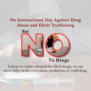 Image promoting awareness against drug abuse with a large 'NO' symbol and syringes.
