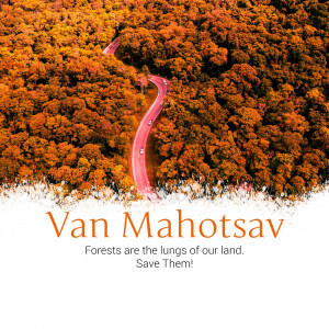 A winding road through a vibrant autumn forest with text 'Van Mahotsav' and a slogan about saving forests.